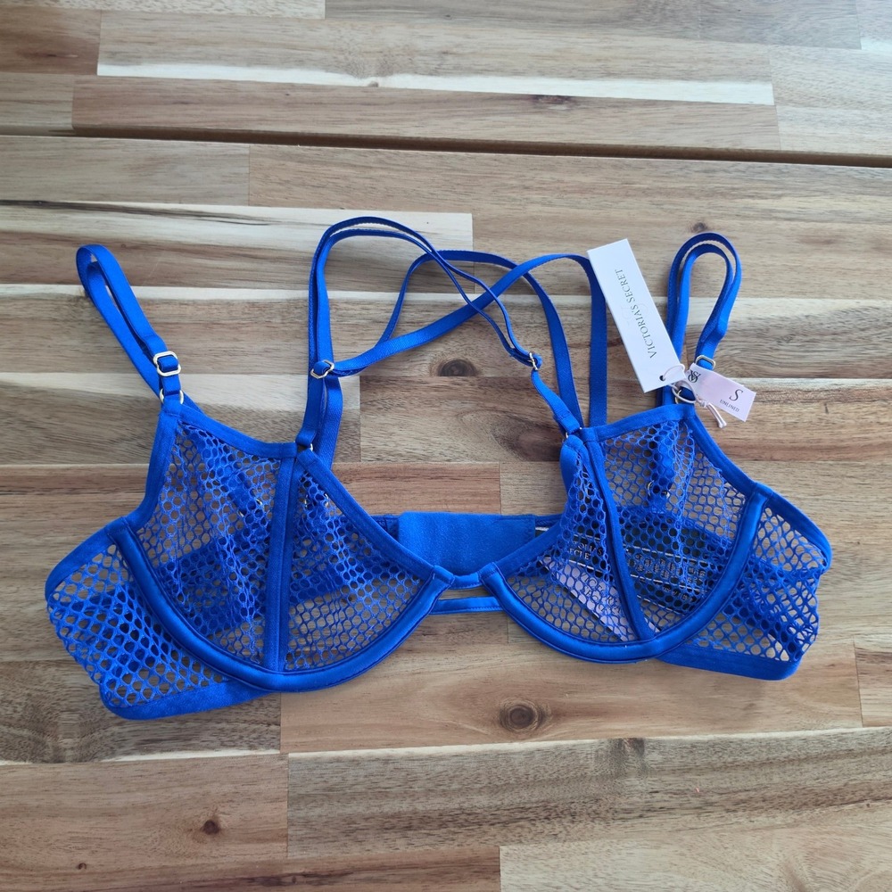 Victorias Secret Very Sexy Blue Fishnet Mesh Strappy Unlined Demi Bra Small NWT